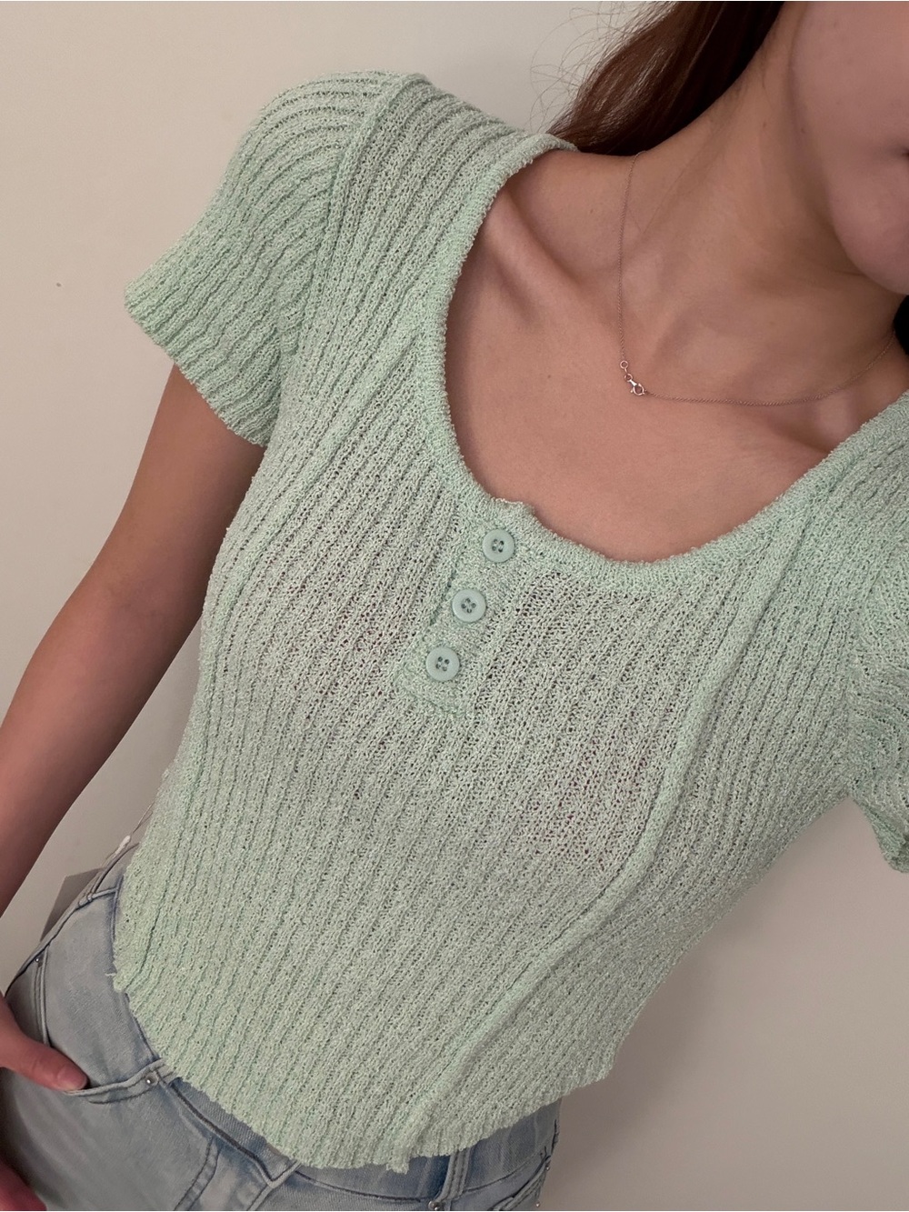 Mint Green Knit Crop Top Button Front Soft Girl Fitted Stretchy Tee